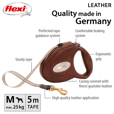 Flexi Leather dunkelbraun Gurt Rolleine 5 m für Hunde bis 25 kg
